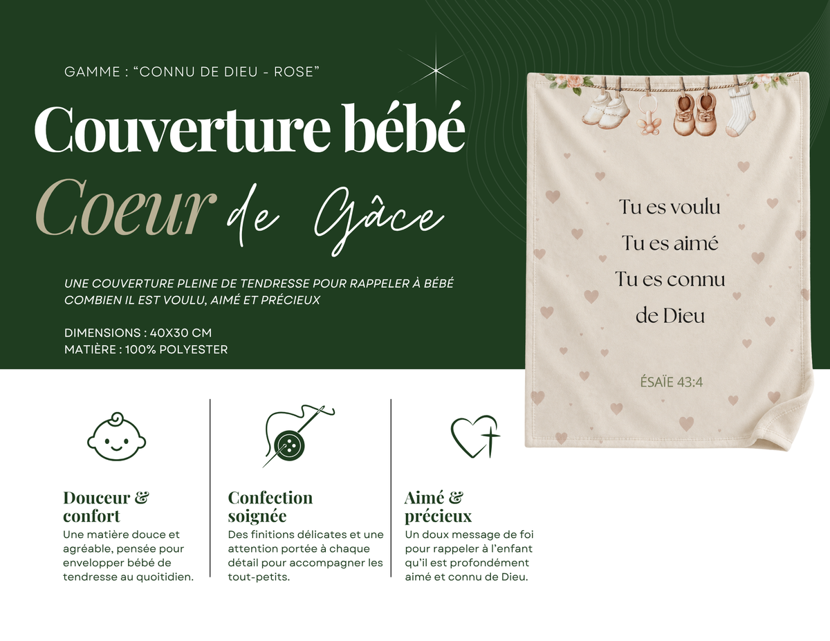 Couverture bébé - Gamme CONNU DE DIEU - Rose
