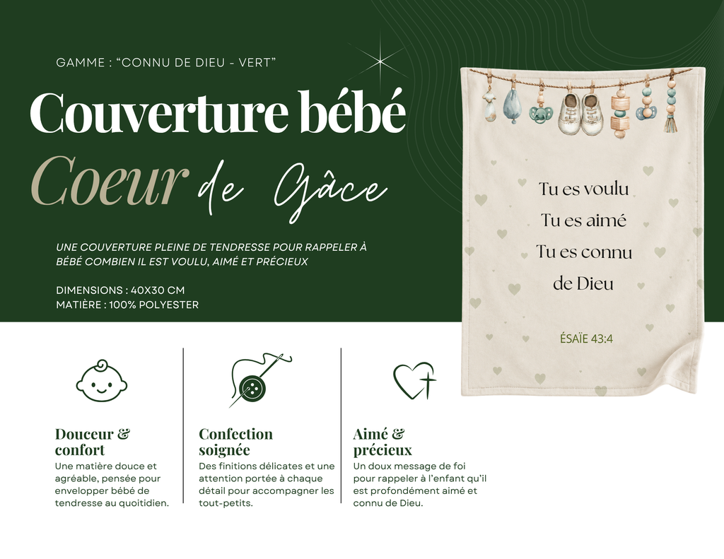 Couverture bébé - Gamme CONNU DE DIEU - Vert